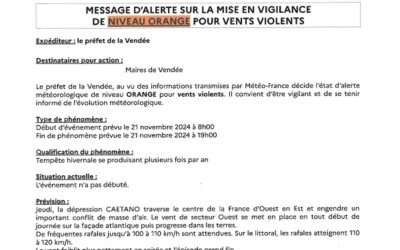 MESSAGE D’ALERTE POUR VENTS VIOLENTS